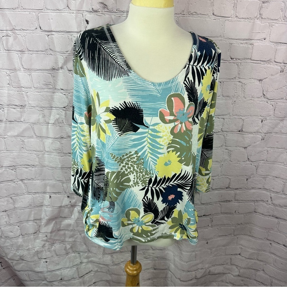T by talbots Floral Print Women's Top scoop neck petite XL tropical beach travel